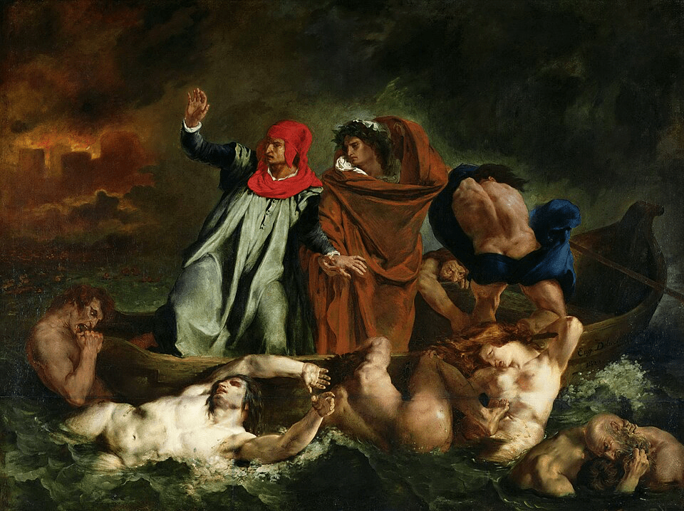 The Barque of Dante (French: La Barque de Dante), also Dante and Virgil in Hell (Dante et Virgile aux enfers), is the first major painting by the French artist Eugène Delacroix, and is a work signalling the shift in the character of narrative painting, from Neo-Classicism towards Romanticism.[1] The painting loosely depicts events narrated in canto eight of Dante's Inferno; a leaden, smoky mist and the blazing City of Dis form the backdrop against which the poet Dante fearfully endures his crossing of the River Styx. As his barque ploughs through waters heaving with tormented souls, Dante is steadied by Virgil, the learned poet of Classical antiquity.

Pictorially, the arrangement of a group of central, upright figures, and the rational arrangement of subsidiary figures in studied poses, all in horizontal planes, complies with the tenets of the cool and reflective Neo-Classicism that had dominated French painting for nearly four decades. The Barque of Dante was completed for the opening of the Salon of 1822, and currently hangs in the Musée du Louvre, Paris