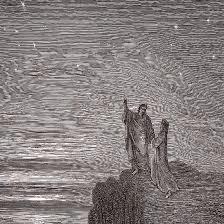 19th century engraving by Gustave Doré depicting Virgil and Dante as they emerge from Hell. They are standing at the edge of a cliff, with a night sky of stars and a misty light above and behind them. Virgil is pointing to the sky.
