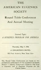 A plain text cover page announcing the 1956 annual conference of the American Eugenics Society at the Delmonico Hotel in New York City.